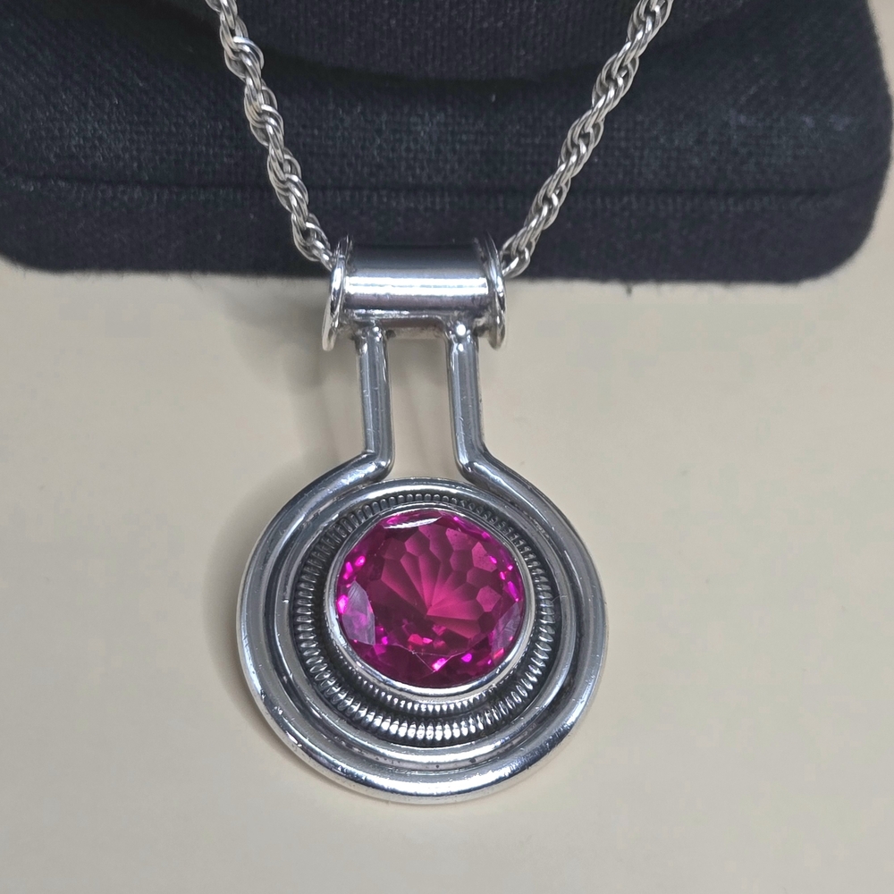 Taxco Sterling Silver Retro Pink Sapphire Pendant Necklace